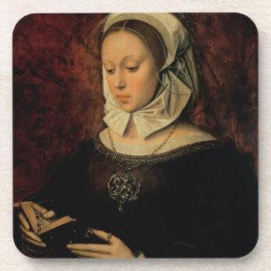 Junge Frau, die ein Buch der Stunden (Öl, liest Getränkeuntersetzer