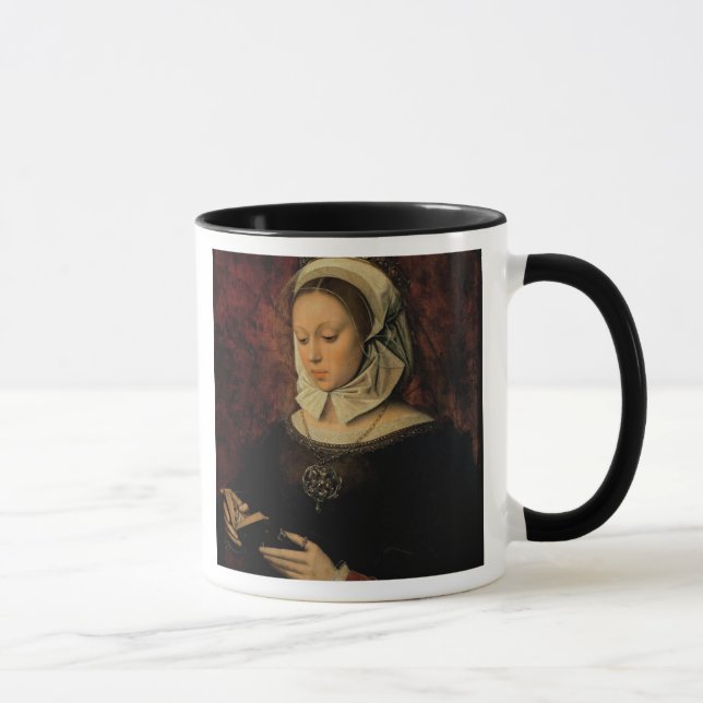 Junge Frau, die ein Buch der Stunden (Öl, liest Tasse (Rechts)