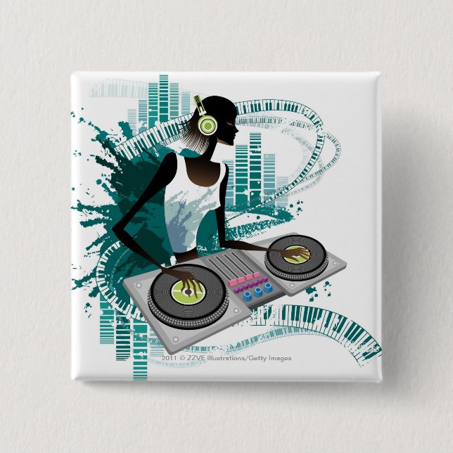 Junge Frau DJ, das Turntable im Nachtklub Button (Vorderseite)