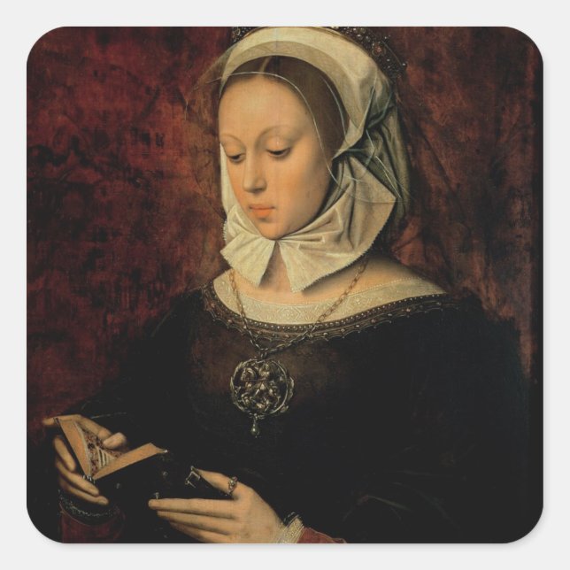 Junge Frau lesen ein Stundenbuch (Öl auf Tafel) Quadratischer Aufkleber (Vorderseite)