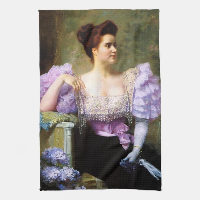Junge Frau mit einem Hydrangeas-Bouquet Geschirrtuch (Vertikal)