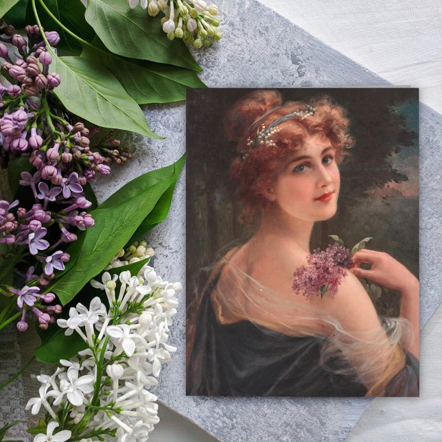Junge Frau mit einem Sprig von Lilac von Emile Ver Postkarte (Von Creator hochgeladen)