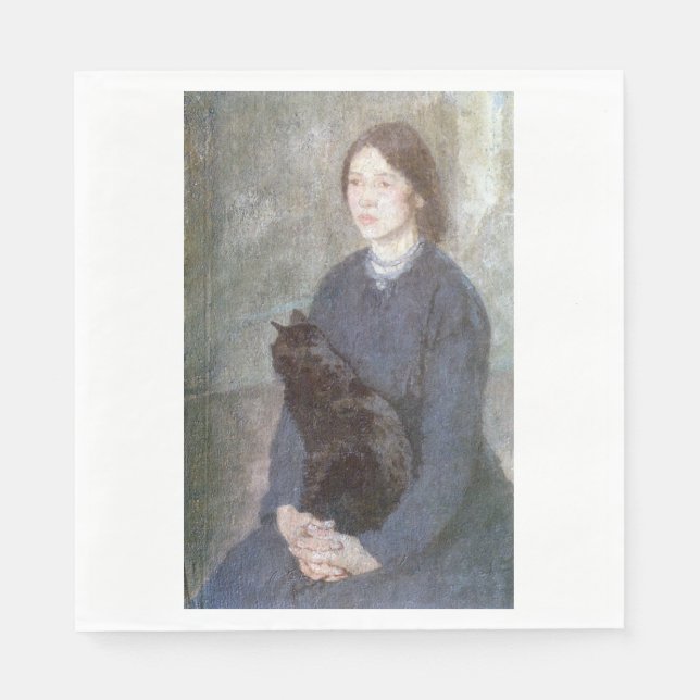 Junge Frau mit einer schwarzen Katze (von Gwen Joh Serviette (Vorderseite)