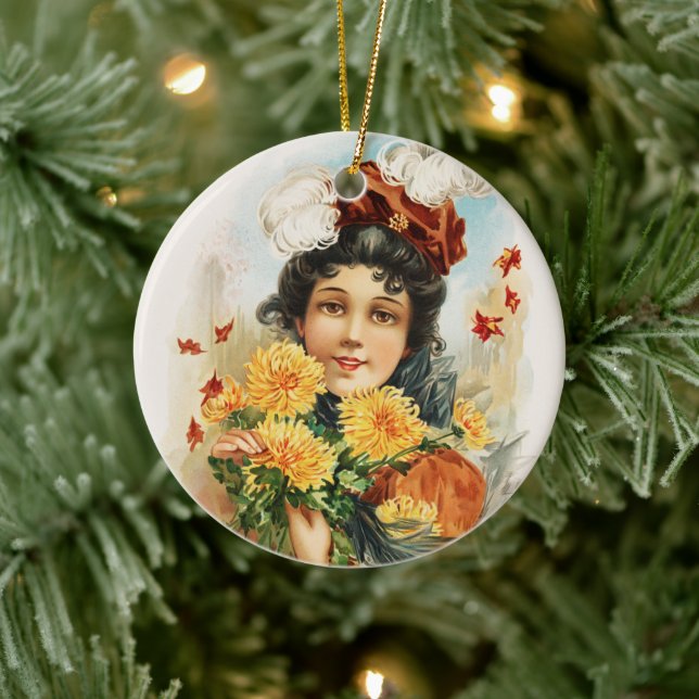 Junge Frau mit gelben Chrysanthemen Keramik Ornament (Baum)
