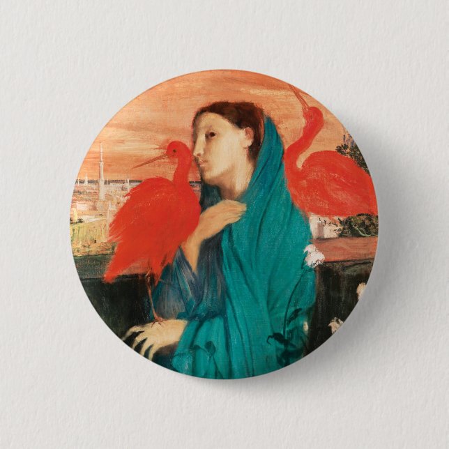 Junge Frau mit Ibis Fine Art von Edgar Degas Button (Vorderseite)