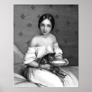 Junge Frau mit Kätzchen und Schüssel Milch Poster