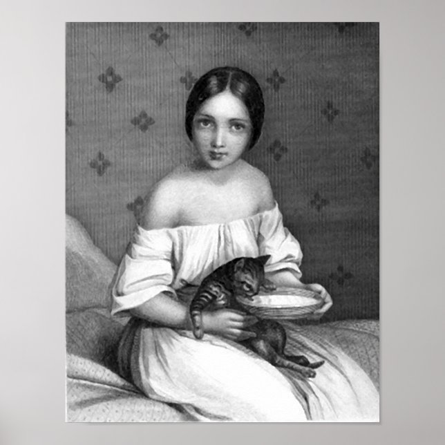 Junge Frau mit Kätzchen und Schüssel Milch Poster (Vorne)