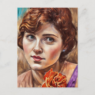 Junge Frau mit Rosen-Pastellkunst-Gemälde Postkarte