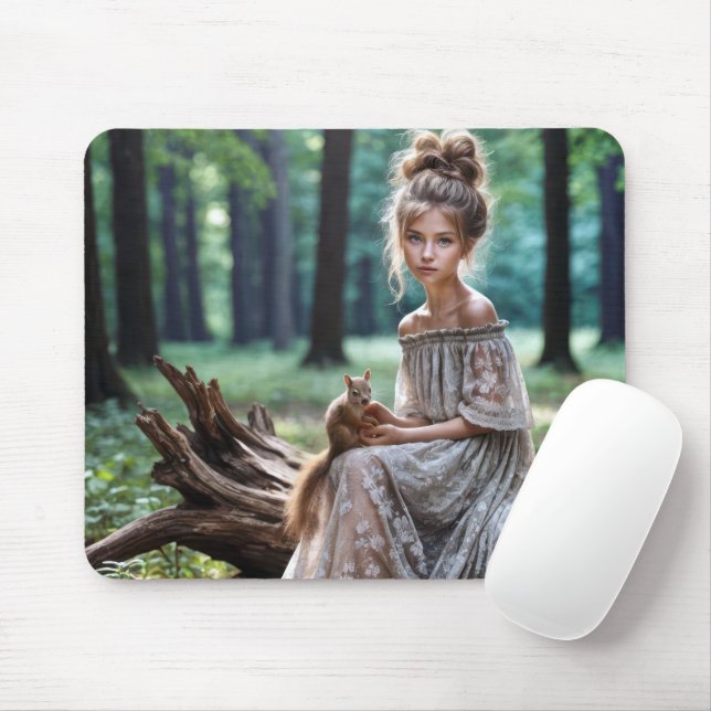Junge Frau mit Waldeichhörnchen Mousepad (Mit Mouse)