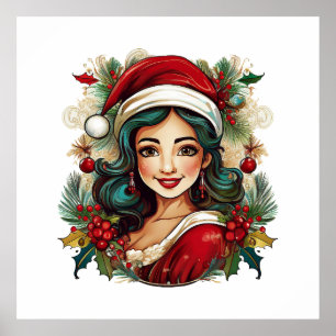 Junge Frau mit Weihnachtsmann-Kleidung Illustratio Poster