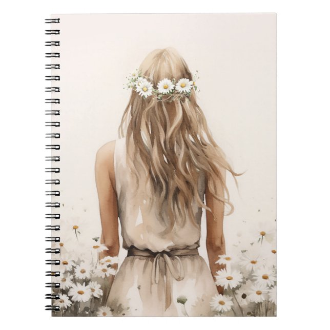 Junge Frau Wasserfarbe in Daisy Field Notizblock (Vorderseite)