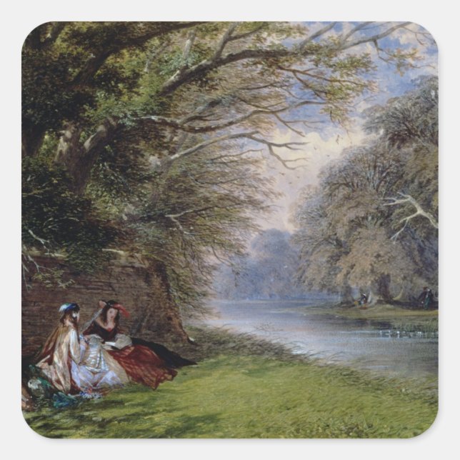 Junge Frauen am Fluss Quadratischer Aufkleber (Vorderseite)