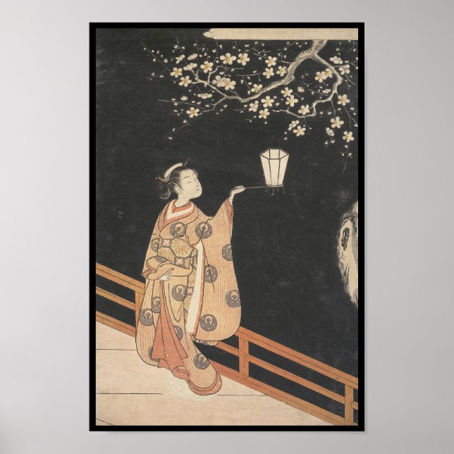 Junge Frauen bewundern Pflaumenblüten in der Nacht Poster (Vorne)