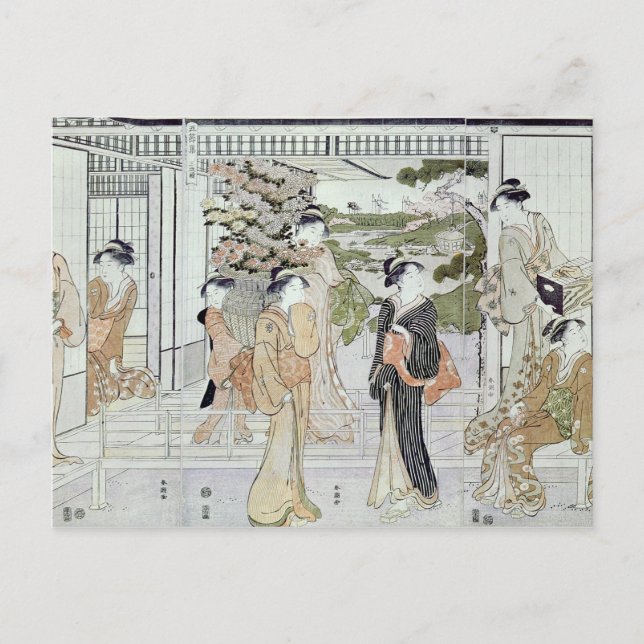 Junge Frauen mit einem Korb Chrysanthemen Postkarte (Vorderseite)