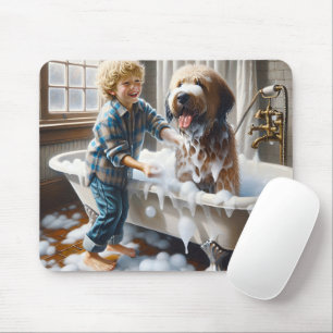 Junge gibt seinem zotteligen Hund ein Bad Mousepad