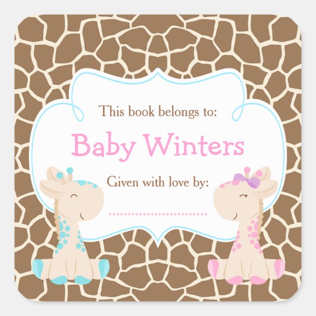 Junge & Girl Giraffe Pink & Blue Dusche Buchzeiche Quadratischer Aufkleber (Vorderseite)