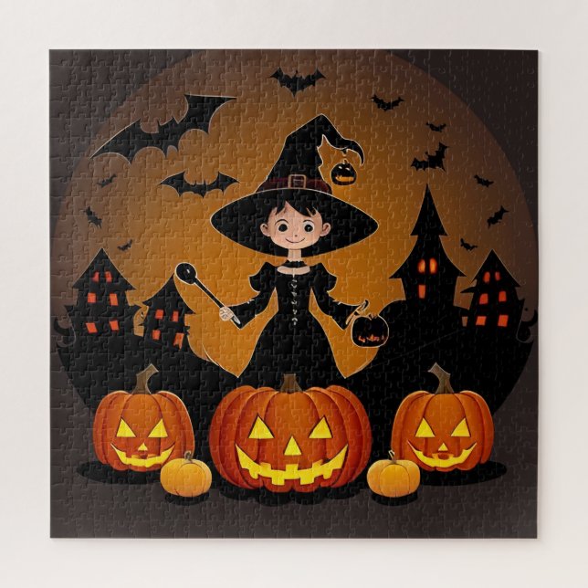 Junge Hexe mit Pumpkins und Spuk Häusern (Vertikal)