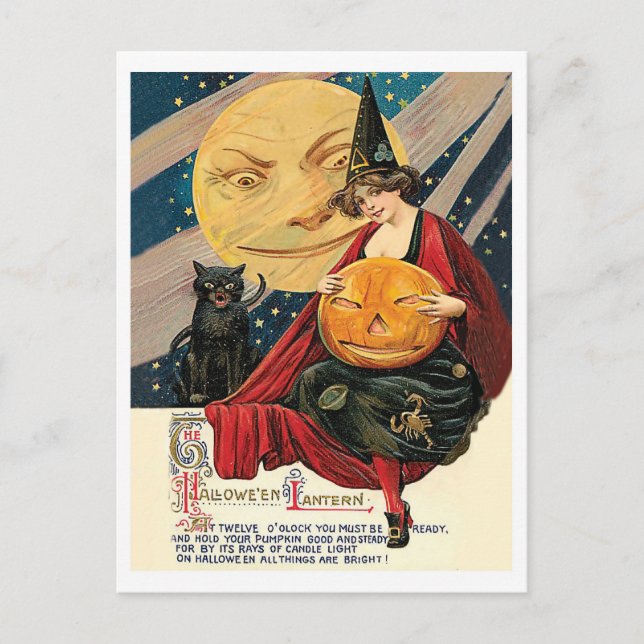 Junge Hexenfrau hält Kürbis bei Vollmond Postkarte (Vorderseite)