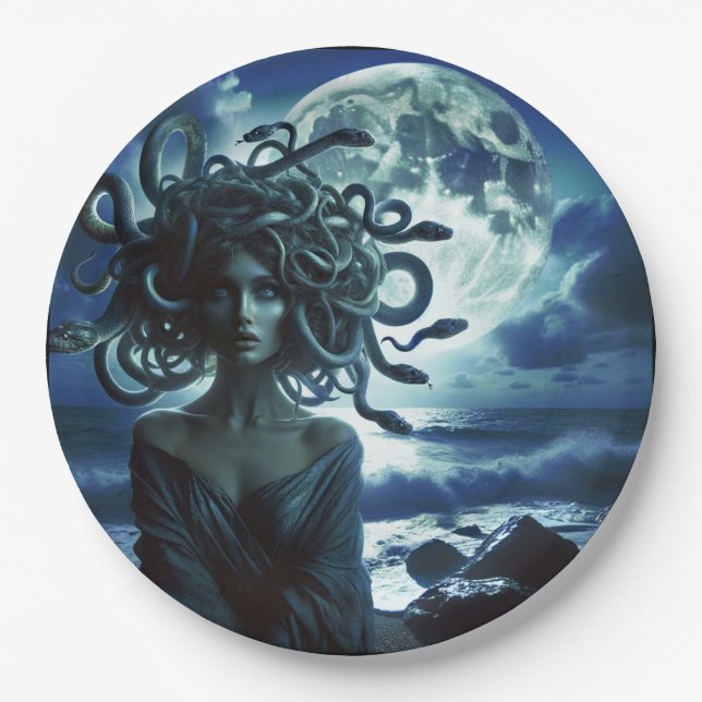 Junge Hübsche Medusa am Mond und Ozean Pappteller (Vorderseite)