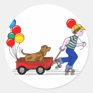 Junge, Hund, Wagen und Ballons Kopie Runder Aufkleber