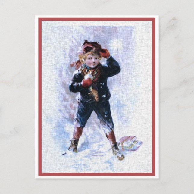 Junge im Vintage-Stil spielt Schneebälle Postkarte (Vorderseite)