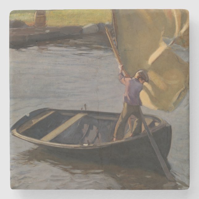 Junge in einem Sailboat am Fluss (von Magnus Encke Steinuntersetzer (Vorderseite)
