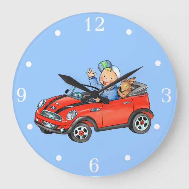 Junge in Red Toy Car - Wall Clock Große Wanduhr (Vorderseite)