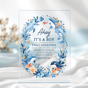 Junge ist unter der Blue-Baby-Dusche von Sea Acryleinladungen