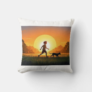 Junge Junge mit Hund bei Sonnenuntergang Kissen