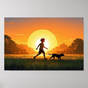 Junge Junge mit Hund bei Sonnenuntergang Poster