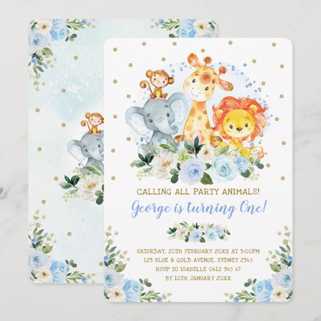 Junge Jungle Safari Blue Floral Wild Ein Geburtsta Einladung (Vorne/Hinten)