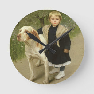 Junge Kinder und ein großer Hund (Öl auf Leinwand) Runde Wanduhr