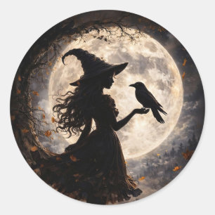 Junge kleine Hexe und Halloween-Rabe süß Runder Aufkleber