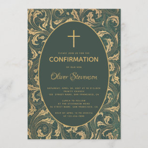 Junge Konfirmation Gold Distel Kreuz Elegant Grün Einladung