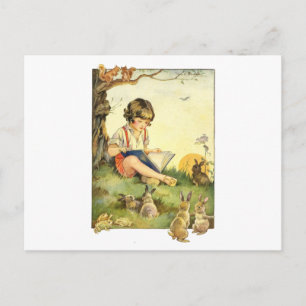 Junge las unter Baum mit Kaninchen Postkarte
