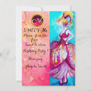 JUNGE MÄDCHEN 16 PARTY, rosa Glitzern Monogramm Einladung