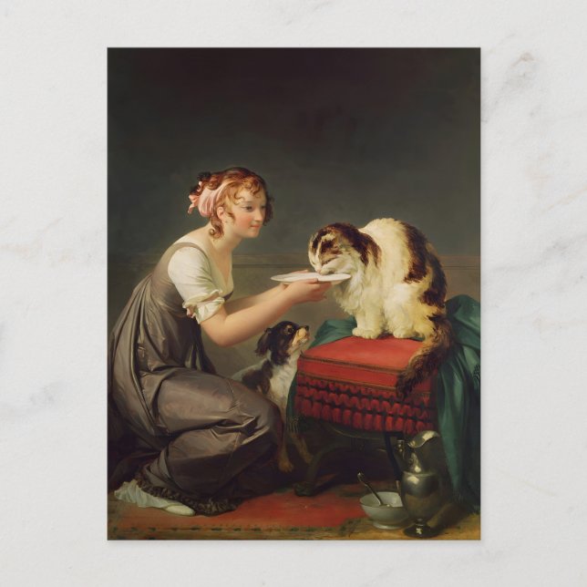 Junge Mädchen, die ihrer Katze Milch geben Postkarte (Vorderseite)
