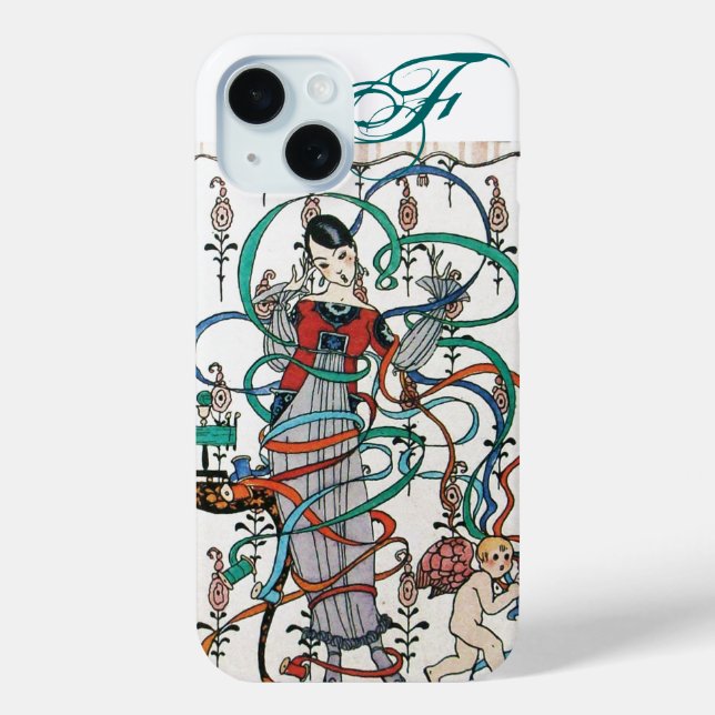 JUNGE MÄDCHEN,FARBBONNE WIRBEL,KUPID Monogramm iPhone 15 Hülle (Rückseite)