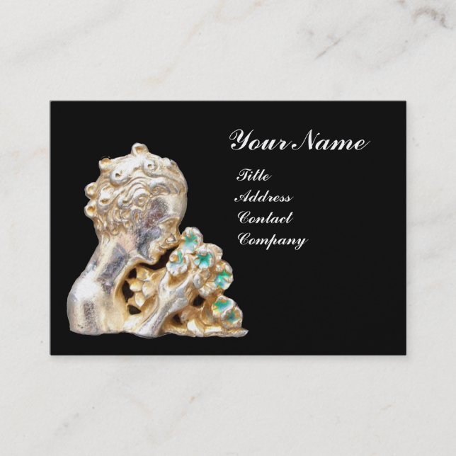 JUNGE MÄDCHEN MIT BLUME MONOGRAMM Gold , Schwarz,  Visitenkarte (Vorderseite)