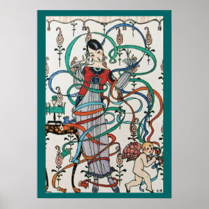 JUNGE MÄDCHEN MIT FARBEN RIBBON-WIRBEL UND KUPID POSTER