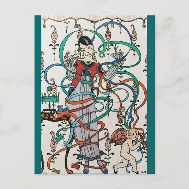 JUNGE MÄDCHEN MIT FARBEN RIBBON-WIRBEL UND KUPID POSTKARTE (Vorderseite)