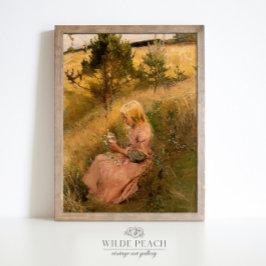 Junge Mädchen pflücken Blume Vintage Malerei Poster