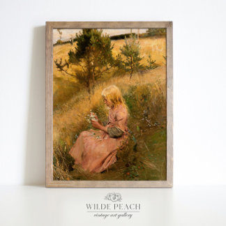 Junge Mädchen pflücken Blume Vintage Malerei Poster