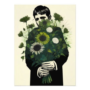 Junge mit einem dunkelgrünen Blumenstrauß Fotodruck