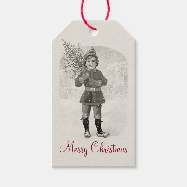 Junge mit einem Weihnachtsbaum CC0936 Jenny Nyströ Geschenkanhänger (Vorderseite)