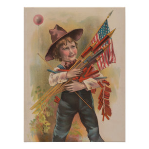 Junge mit Feuerwerk, Amerikanische Flagge, Patriot Poster