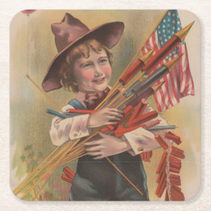 Junge mit Feuerwerk, Amerikanische Flagge, Patriot Rechteckiger Pappuntersetzer