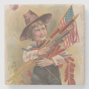 Junge mit Feuerwerk, Amerikanische Flagge, Patriot Steinuntersetzer
