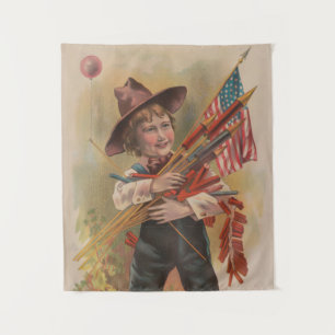 Junge mit Feuerwerk, Amerikanische Flagge, Patriot Wandteppich