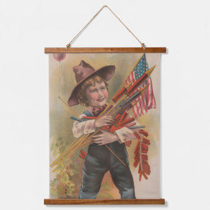 Junge mit Feuerwerk, Amerikanische Flagge, Patriot Wandteppich Mit Holzrahmen
